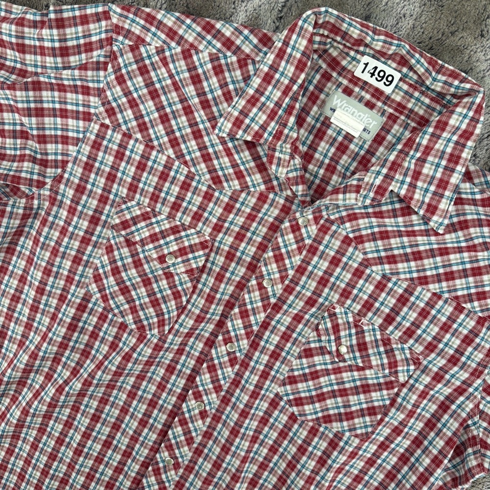 Wrangler Wrancher Pearl Snap SS Shirt Mens XLT Red Blue Plaid Western Rancher